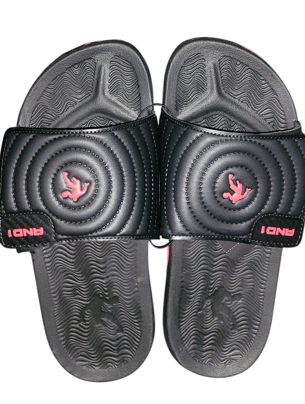AND1 Men's Athletic Adjustable Swirl Slide Sandals in Black Size 9 NWT Red